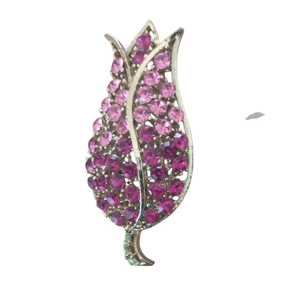Vintage-Style Pink & Purple Rhinestone Tulip Brooch – Gold Tone Floral Pin